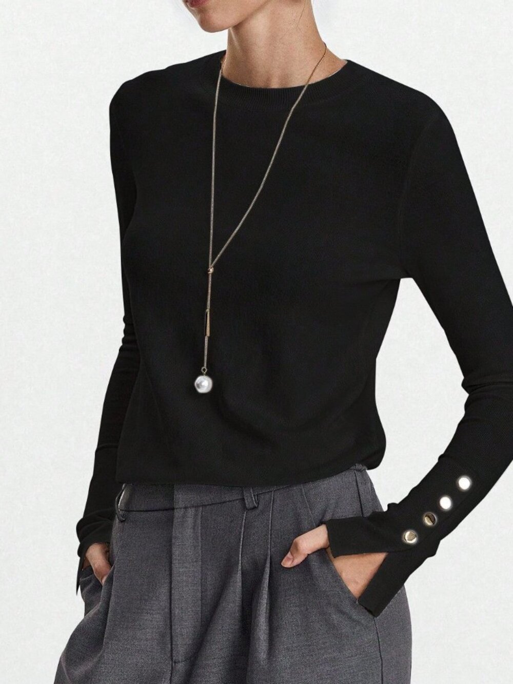 Black Elegant Women's Button Rib-Knit Slim Fit V Neck Long Sleeve Pullover Top